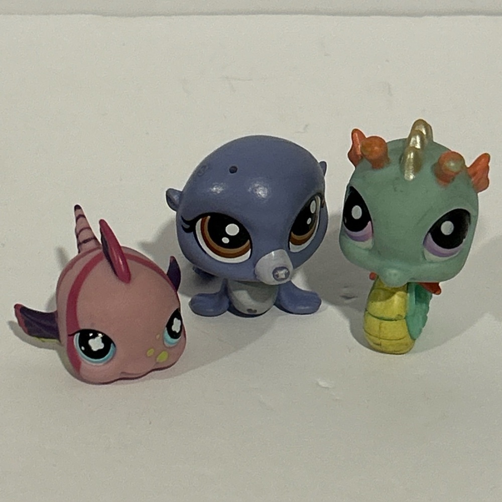 Littles Pet Shop Purple Fish #649, Blue Seal #58, & Teal Seahorse #348 LPS Lot